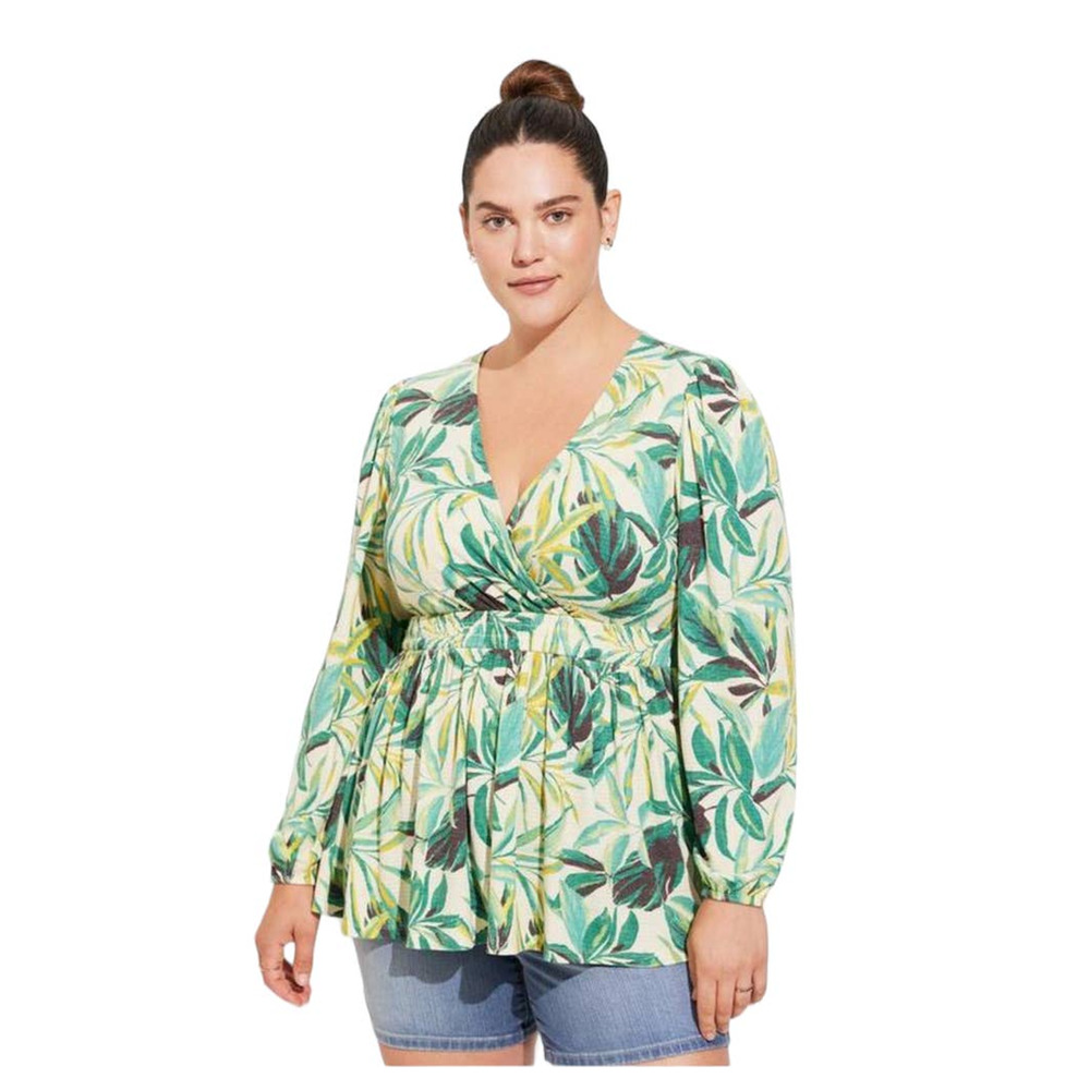 New Torrid Womans Sz 6X Plus Blouse Floral Surplus Green‎ V Neck Stretch NWT